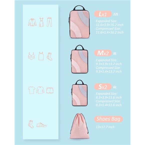 Compression Packing Cubes for Travel, 6 Set Travel Packing Cubes for Suitcases - Picture 2 of 7